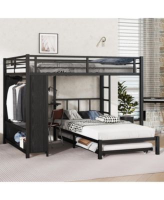 Queen/Twin Bunk Bed with Wardrobe, Trundle, Desk, Ladders