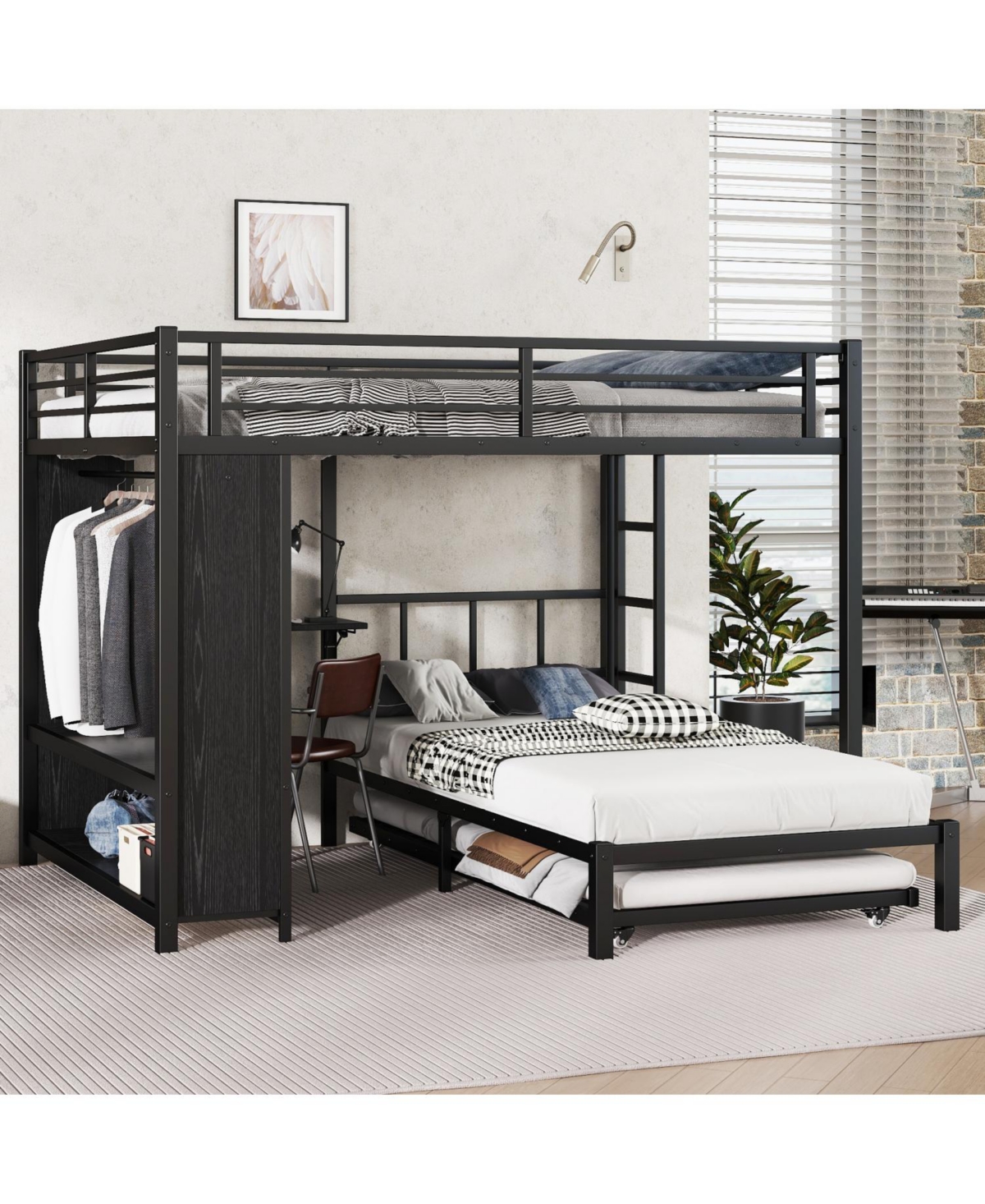 Streamdale Furniture Queen/Twin Bunk Bed with Wardrobe, Trundle, Desk, Ladders