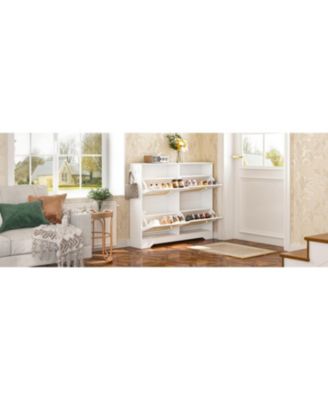 Streamdale Mid-Century Narrow Shoe Cabinet - 4 Flip Drawers, Rattan Doors, Hooks