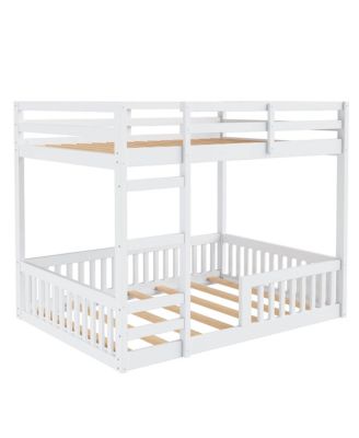 Full over Full Wood Bunk Bed with Ladder and Guardrails, White