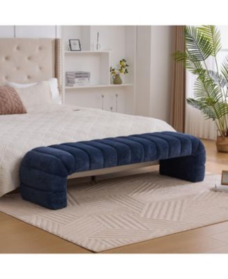 Modern Upholstered Bed Bench, Channel Tufted, Chenille, Navy