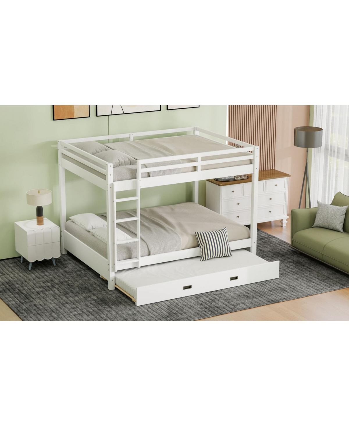 Streamdale Furniture Wood Queen Size Bunk Bed with Ladder and Trundle, White