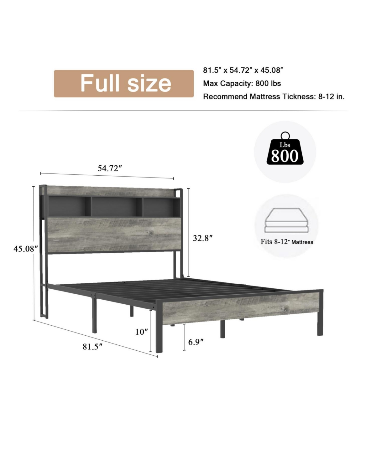 Streamdale Wooden Platform Bed Frame with Storage & Usb - Antique Gray
