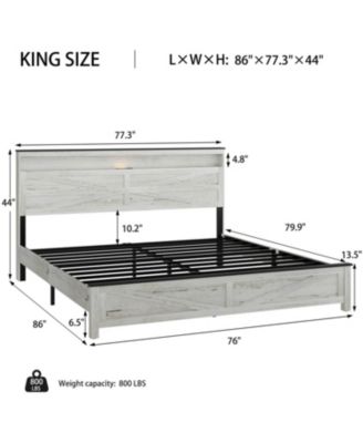  King White Bed- Wood Headboard & Hidden Storage (No Box Spring)