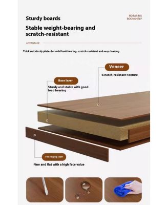 Rotating Bookshelf 360 Corner Bookcase with Wheels, Walnut Brown