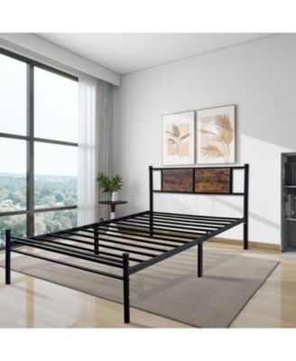 Twin Bed Frame with Wood Headboard, Metal Slats, Easy Assembly