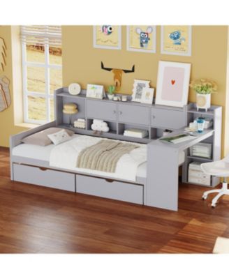 Twin Daybed with Storage, Desk & Bookshelf - Gray