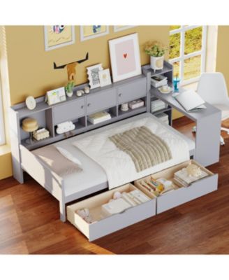 Twin Daybed with Storage, Desk & Bookshelf - Gray