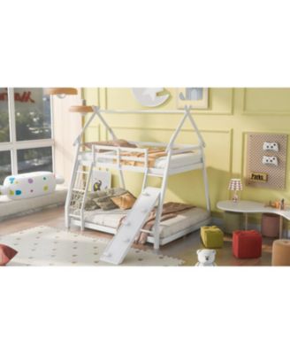 Twin over Queen House Bunk Bed with Climbing Nets and Climbing Ramp, White