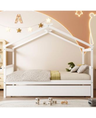 Full Size Wooden House Bed with Twin Size Trundle, White
