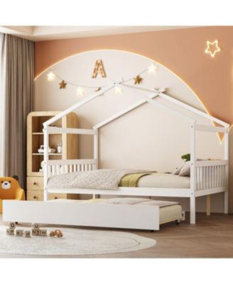 Full Size Wooden House Bed with Twin Size Trundle, White