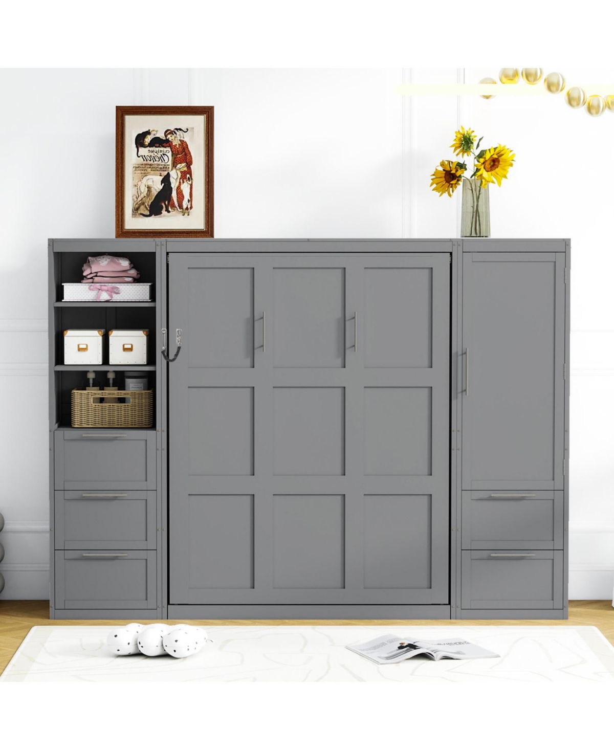 Streamdale Furniture Queen Murphy Bed with Closet, Drawers & Shelves - Gray