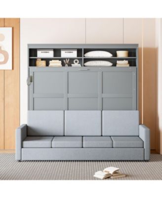 Queen Size Murphy Bed Wall Bed with Sofa,Gray