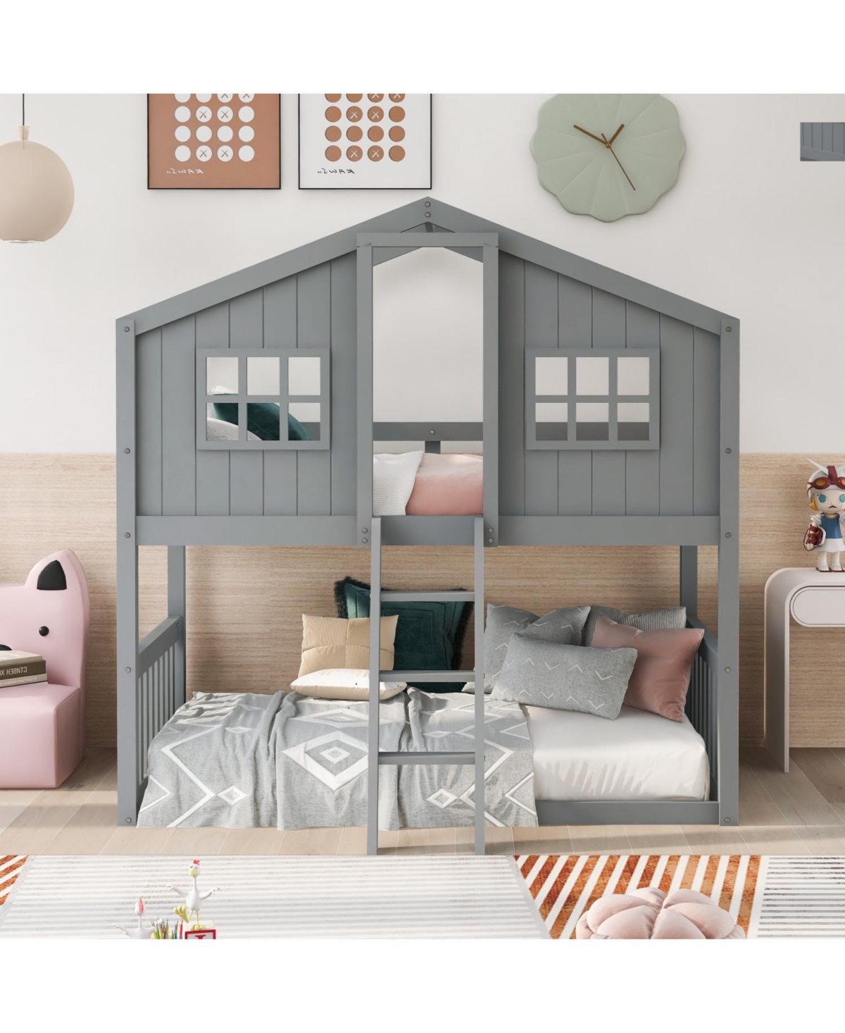 Streamdale Furniture Twin Over House Bunk Bed With Ladder, Wood