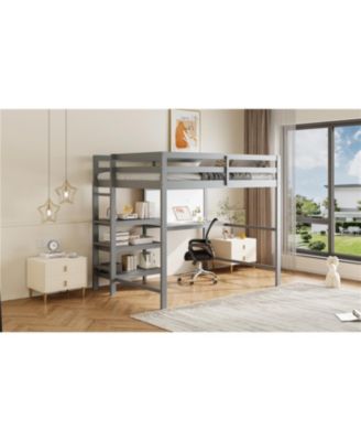 Twin Loft Bed with Shelves, Desk & Board - Gray
