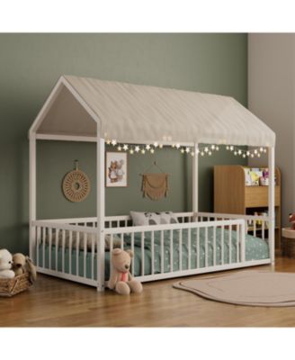 Twin Montessori Metal Floor Bed Frame, House Bed with Fence, Easy Assemble, Black