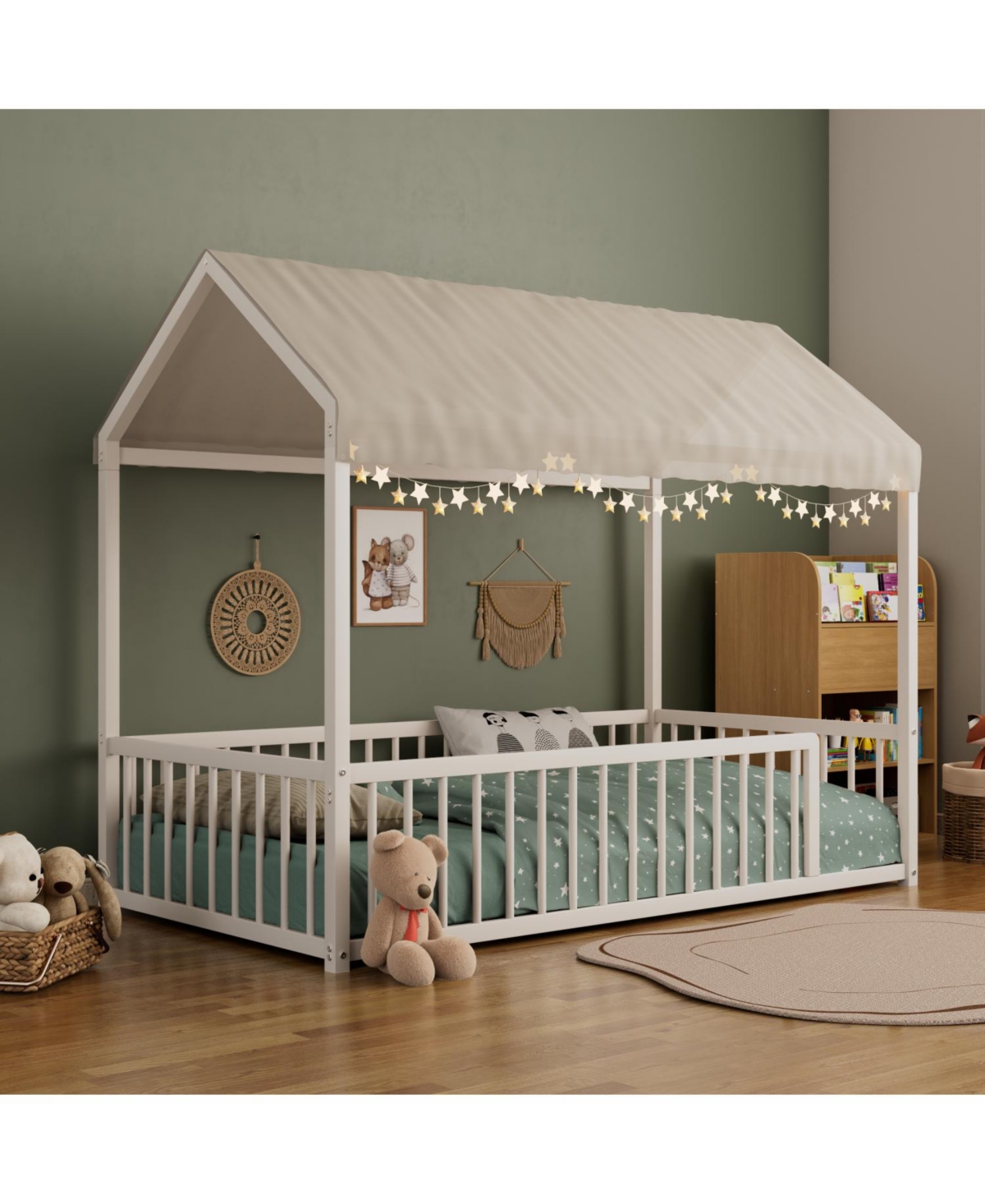 Streamdale Furniture Twin Montessori Metal Floor Bed Frame, House Bed with Fence, Easy Assemble, Black