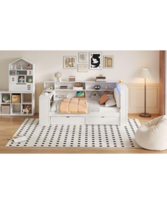 Twin Platform Bed w/ Storage, LED, Desk, Charging, Upholstered Headboard