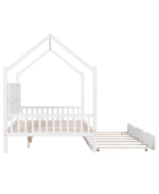  Wooden Full Size House Bed with Trundle & Shelf - White