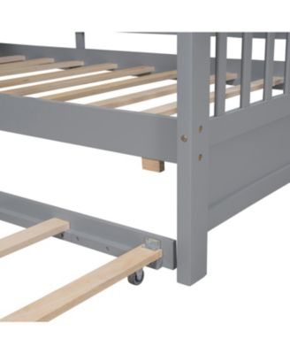 Wooden Twin House Bed with Trundle & Shelf - Gray