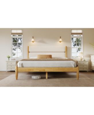 Streamdale Queen Size Solid Wood Bed Frame With Fleece Upholstered Headboard, Ivory