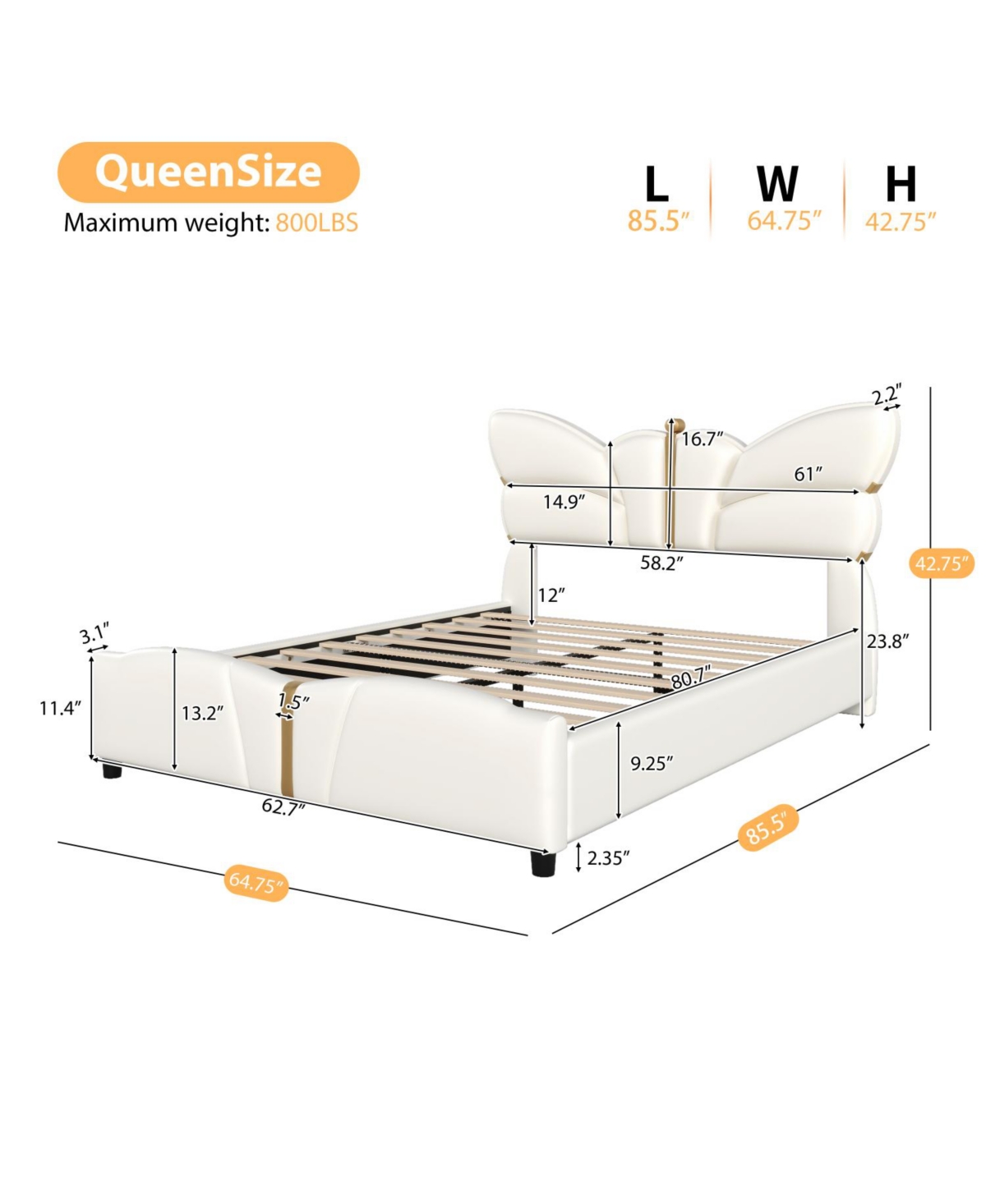 Streamdale Furniture Queen Upholstered Bed Frame, Butterfly Headboard, Gold Accents