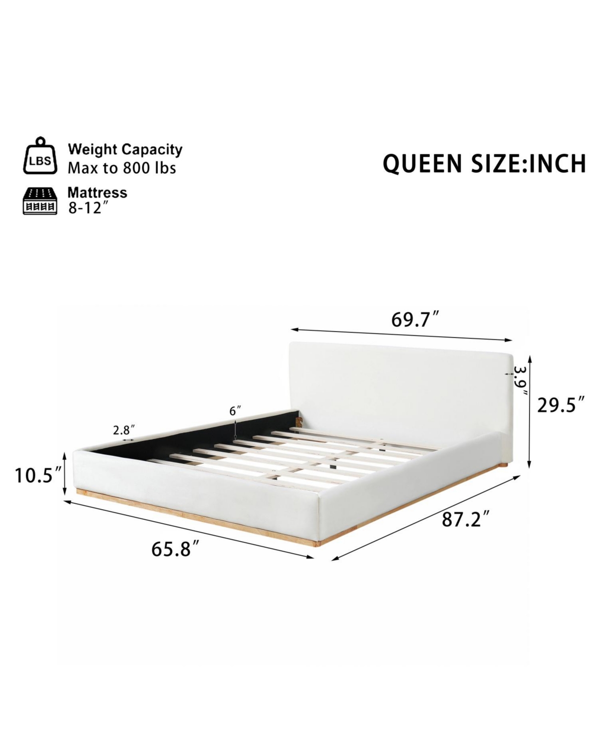 Streamdale Furniture Queen Bed with Solid Wood Frame in Elegant White Finish