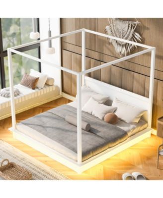  King Size White Wood LED Canopy Platform Bed