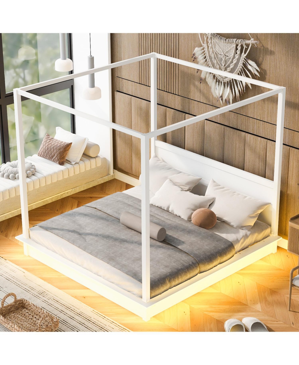 Streamdale Furniture King Size White Wood Led Canopy Platform Bed