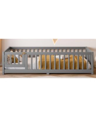 Twin Floor Bed with Guardrails & Door - Gray