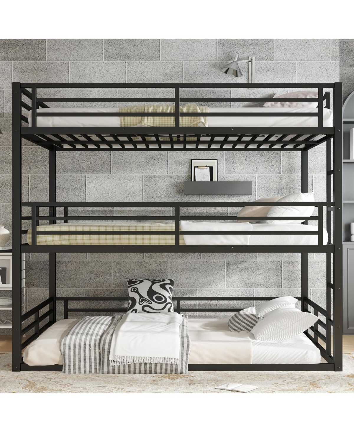Streamdale Furniture Queen Triple Bunk Bed, Metal, Heavy-Duty, Black