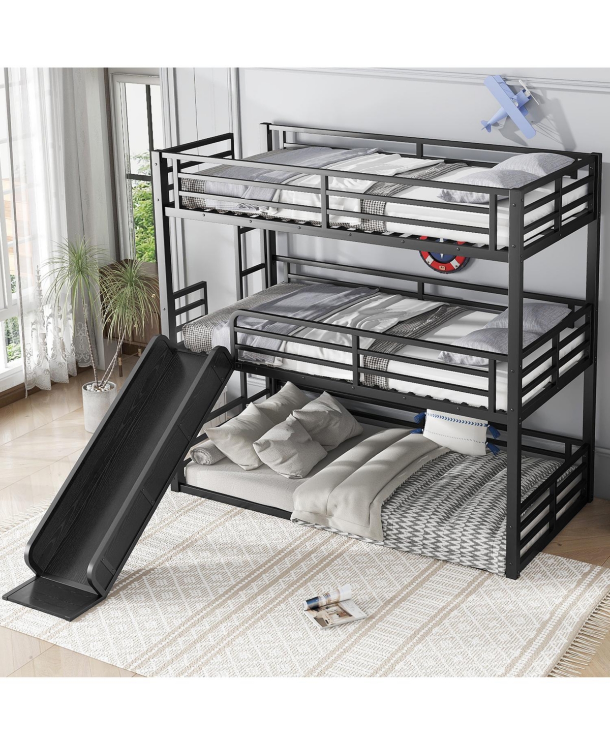 Streamdale Furniture Triple Bunk Bed with Slide, Metal, Heavy-Duty, Black