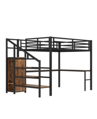 Queen Loft Bed with Desk, Wardrobe, Shelf & LED - Wood-grain