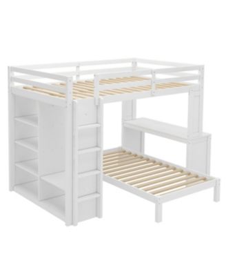 Queen over Twin Bunk Bed with Desk, Shelves & Wardrobe - White