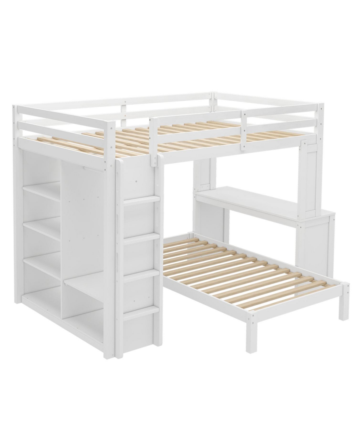 Streamdale Furniture Queen over Twin Bunk Bed with Desk, Shelves & Wardrobe - White