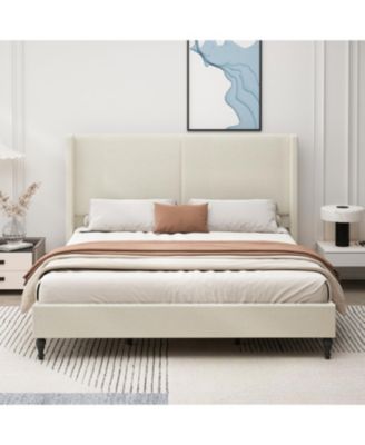 King Size Bed Frame, 55.5" Upholstered Headboard, Boucle Beige
