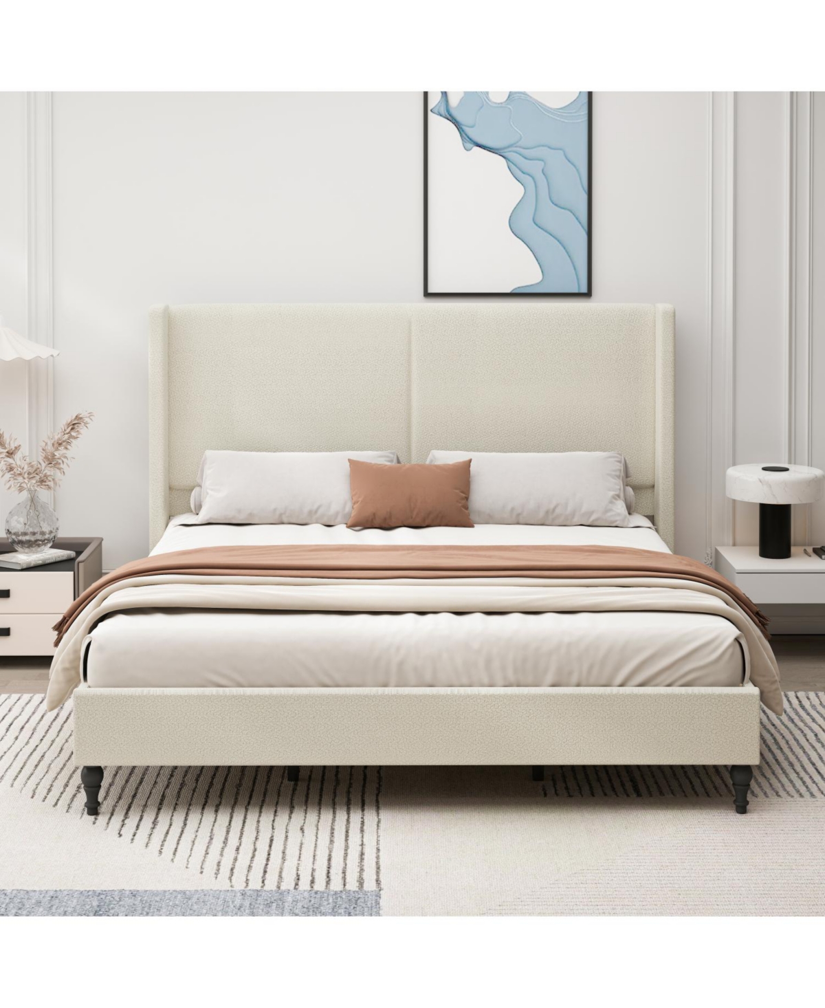 Streamdale Furniture King Size Bed Frame, 55.5" Upholstered Headboard, Boucle Beige