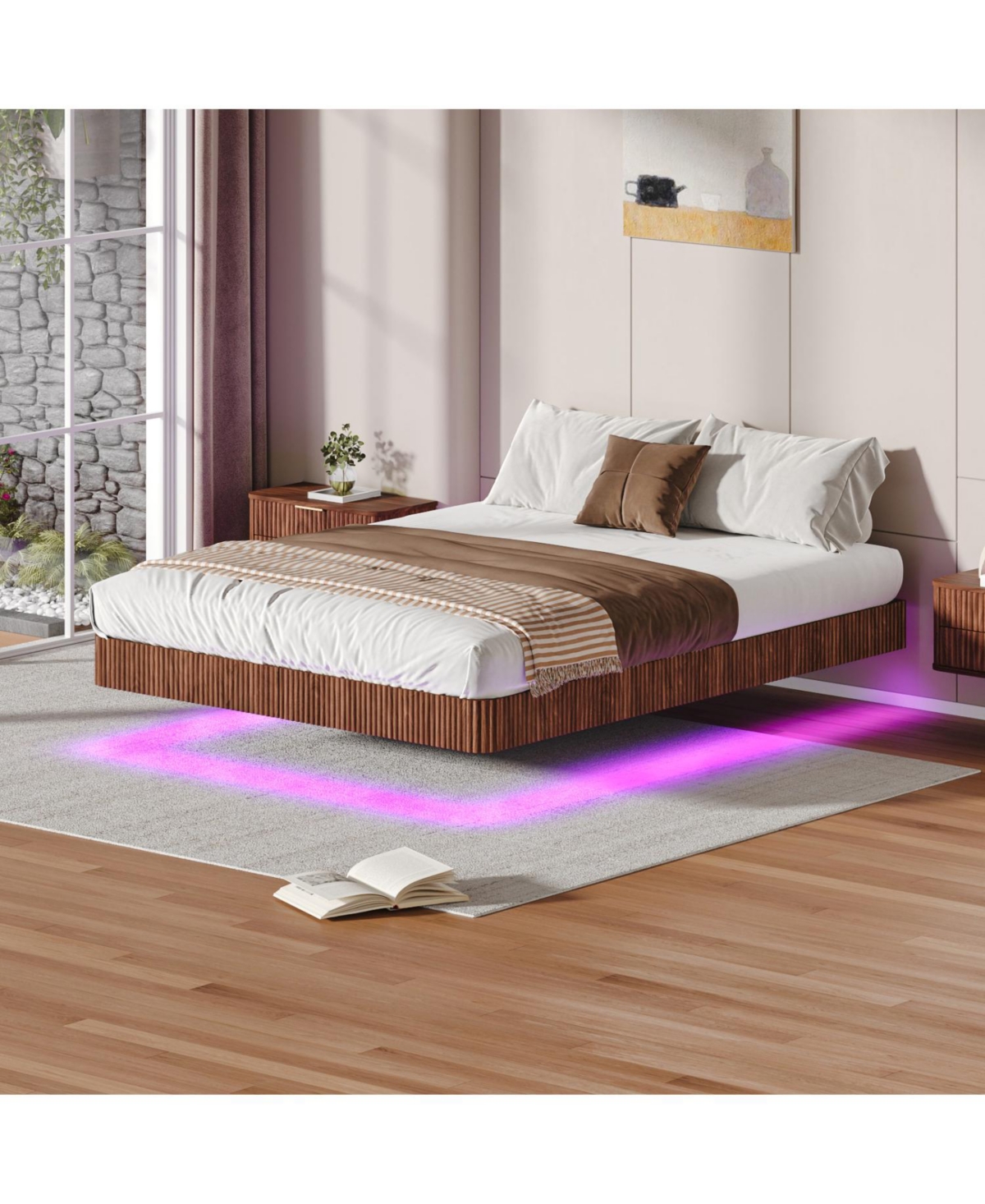 Streamdale Furniture Walnut Queen Bed Frame with Led Lights, Wave Texture, Metal Slats