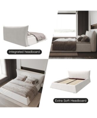 King Upholstered Platform Bed, Velvet Headboard, Cream