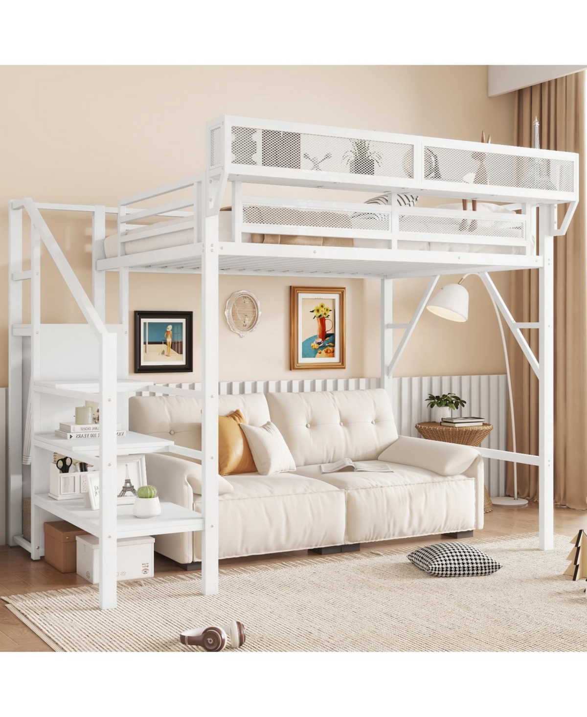 Streamdale Furniture Twin Metal Loft Bed with Stairs, Shelves & Wardrobe