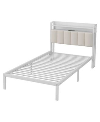  Full/Twin Metal Bunk Bed w/ Desk, Bookshelves, LED, Charge - White