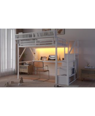  Full Loft Bed with Desk, Stairs, Light & Charging - White