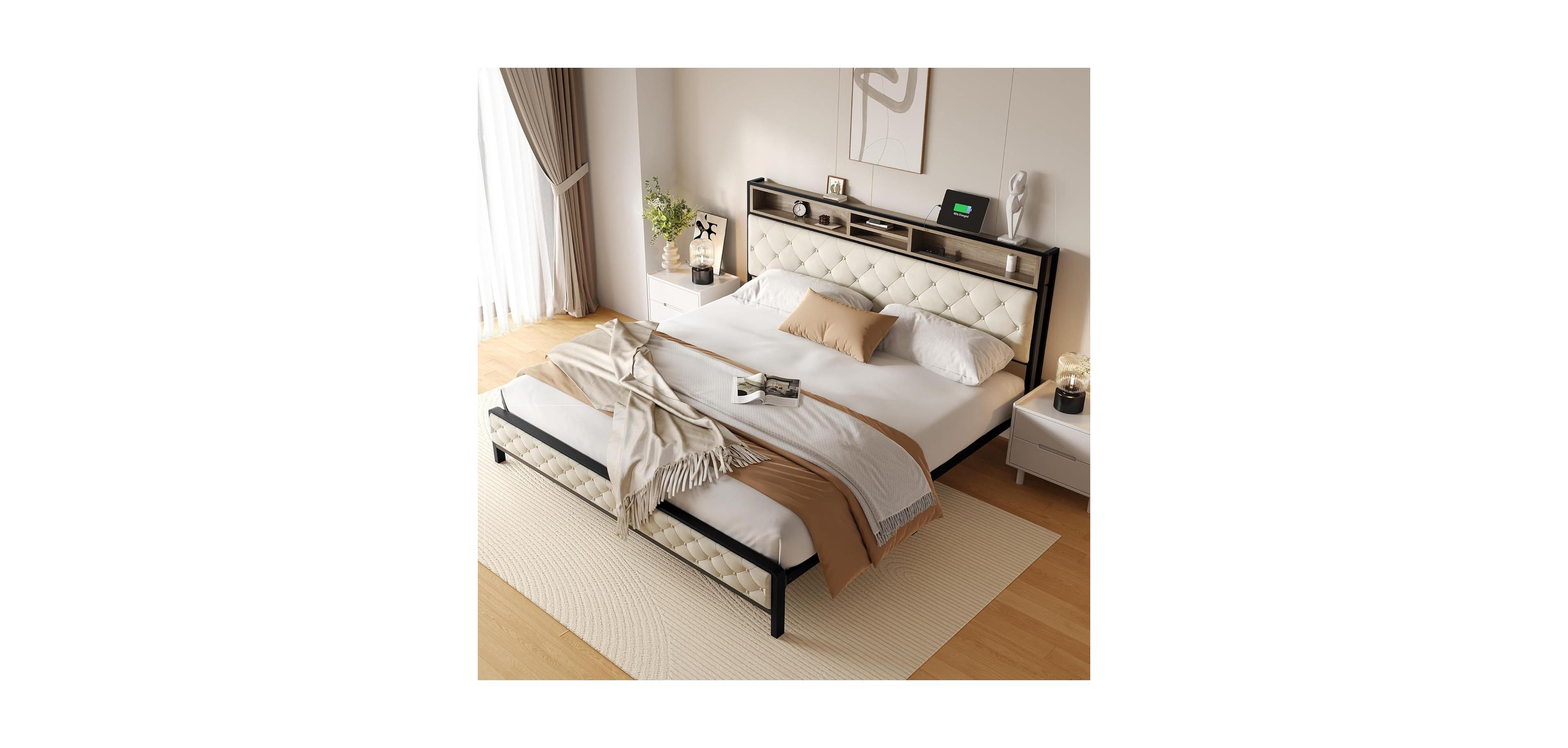 Streamdale Furniture King Upholstered Platform Bed Frame with Charging Station
