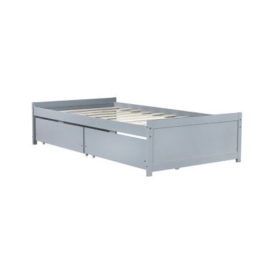 Twin Size Bed with 2 Drawers, Solid Rubber Wood Bed