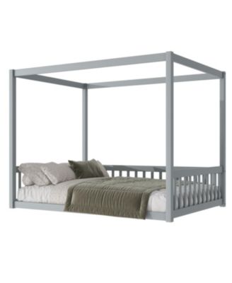 Full Size Canopy Frame Rubber Wood Floor Bed with Fence,Guardrails