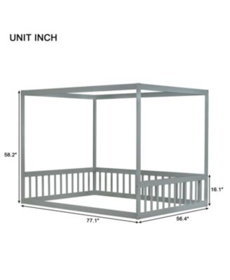 Full Size Canopy Frame Rubber Wood Floor Bed with Fence,Guardrails