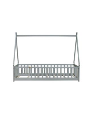 Twin Tent-shaped Floor Bed,Teepee Bed with Guardrails,Slats and Door