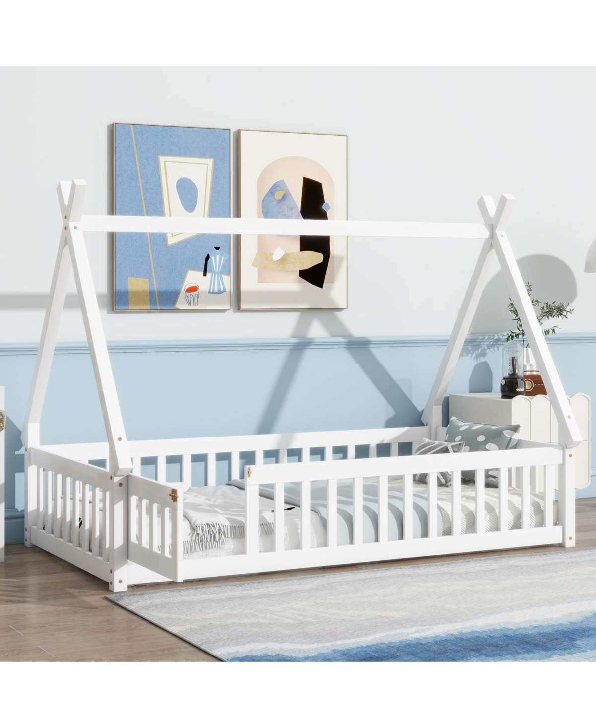 Streamdale Furniture Twin Tent-shaped Floor Bed,Teepee Bed with Guardrails,Slats and Door