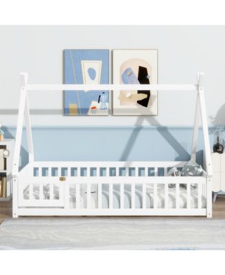  Twin Tent-shaped Floor Bed,Teepee Bed with Guardrails,Slats and Door