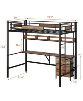  Loft Bed Twin with L-Desk, Charging Station, Drawers & Shelves - Brown